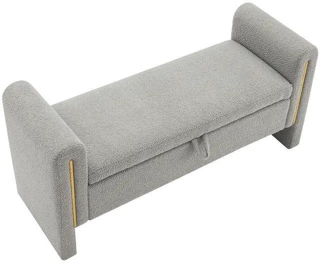 Alt view image 6 of 7 - Modern End of Bed Storage Bench, Teddy Upholstered Ottoman with Arms and Hidden Storage, 52.25" Large Footstool, Comfy Vanity Bench for Living Room,Bedroom, Dorm, Grey