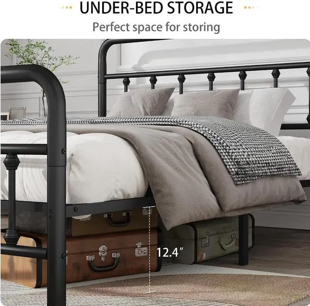 Alt view image 4 of 7 - Queen Size Metal Bed Frame,Platform Bedframe with Headboard and Footboard, Double Bed with Large Under Bed Storage, Strong Metal Slats, No Box Spring Needed, Black