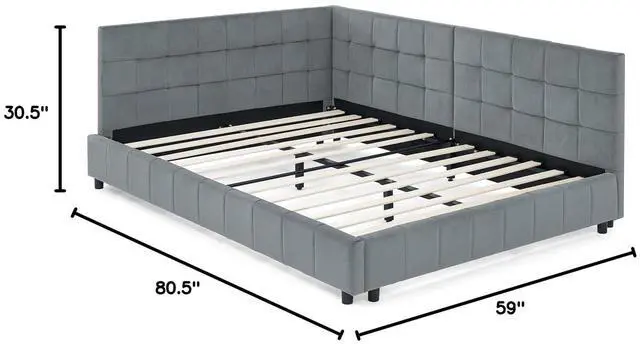 Alt view image 2 of 7 - Full Size Upholstered Daybed with High Headboard, Soft Velvet Upholstered Day Bed Frame with Comfortable Left Armrests, L Shaped Tufted Corner Sofa Bed for Bedroom, Living Room, Grey
