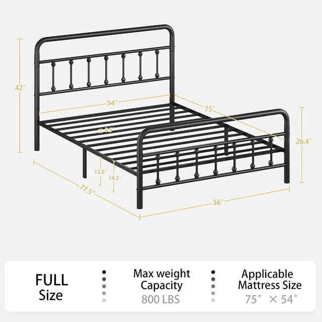 Alt view image 2 of 7 - Full Size Metal Bed Frame,Platform Bedframe with Headboard and Footboard, Double Bed with Large Under Bed Storage, Strong Metal Slats, No Box Spring Needed, Black
