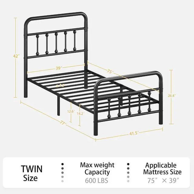 Alt view image 2 of 7 - Twin Size Metal Bed Frame,Platform Bedframe with Headboard and Footboard, Single Bed with Large Under Bed Storage, Strong Metal Slats, No Box Spring Needed, Black