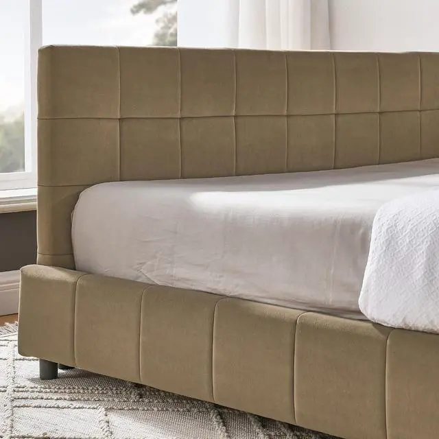 Alt view image 6 of 7 - Full Size Upholstered Daybed with High Headboard, Soft Velvet Upholstered Day Bed Frame with Comfortable Left Armrests, L Shaped Tufted Corner Sofa Bed for Bedroom, Living Room, Brown
