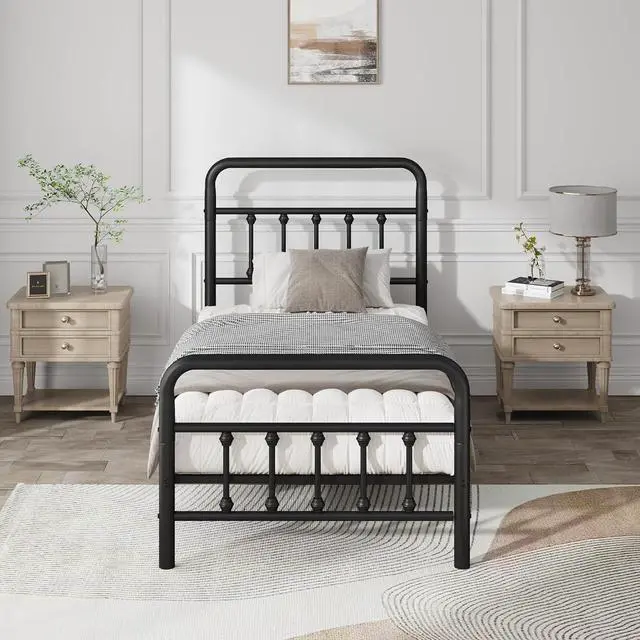 Alt view image 3 of 7 - Twin Size Metal Bed Frame,Platform Bedframe with Headboard and Footboard, Single Bed with Large Under Bed Storage, Strong Metal Slats, No Box Spring Needed, Black