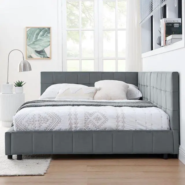 Alt view image 3 of 7 - Full Size Upholstered Daybed with High Headboard, Soft Velvet Upholstered Day Bed Frame with Comfortable Left Armrests, L Shaped Tufted Corner Sofa Bed for Bedroom, Living Room, Grey