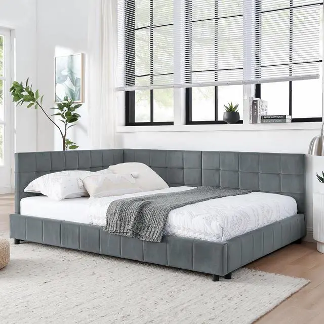 Alt view image 4 of 7 - Full Size Upholstered Daybed with High Headboard, Soft Velvet Upholstered Day Bed Frame with Comfortable Left Armrests, L Shaped Tufted Corner Sofa Bed for Bedroom, Living Room, Grey