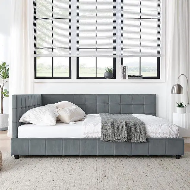 Alt view image 5 of 7 - Full Size Upholstered Daybed with High Headboard, Soft Velvet Upholstered Day Bed Frame with Comfortable Left Armrests, L Shaped Tufted Corner Sofa Bed for Bedroom, Living Room, Grey