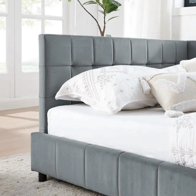 Alt view image 7 of 7 - Full Size Upholstered Daybed with High Headboard, Soft Velvet Upholstered Day Bed Frame with Comfortable Left Armrests, L Shaped Tufted Corner Sofa Bed for Bedroom, Living Room, Grey