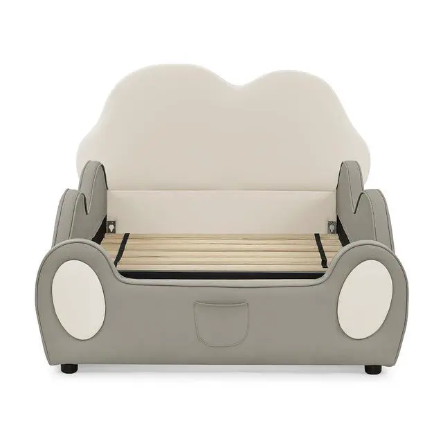 Alt view image 5 of 7 - Twin Size Floor Bed with Cute Cloud Shape, PU Leather Upholstered Platform Bed with Guardrails, Single Bedframe with Cartoon Design Safety Rail and Storage Pocket, Purple&Pink