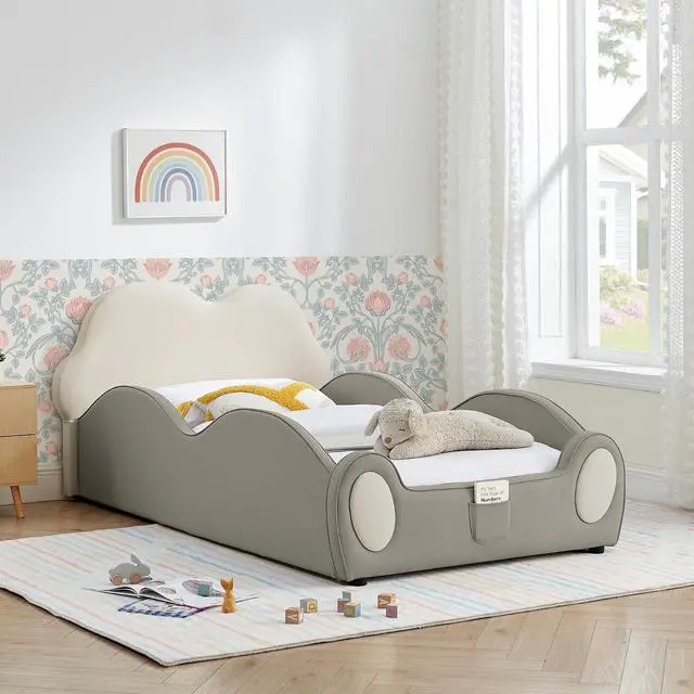 Alt view image 3 of 7 - Twin Size Floor Bed with Cute Cloud Shape, PU Leather Upholstered Platform Bed with Guardrails, Single Bedframe with Cartoon Design Safety Rail and Storage Pocket, Purple&Pink