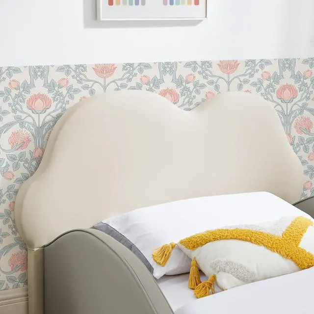 Alt view image 7 of 7 - Twin Size Floor Bed with Cute Cloud Shape, PU Leather Upholstered Platform Bed with Guardrails, Single Bedframe with Cartoon Design Safety Rail and Storage Pocket, Purple&Pink