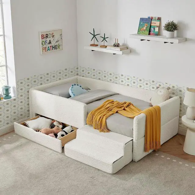 Main image of Twin Size Daybed with Storage Drawer, Cozy Floor Bed with Guardrails, Boucle Upholstered Single Bed with Step Stool, Multi-Functional Corner Boys Girls Bed, Easy Assemble, Beige