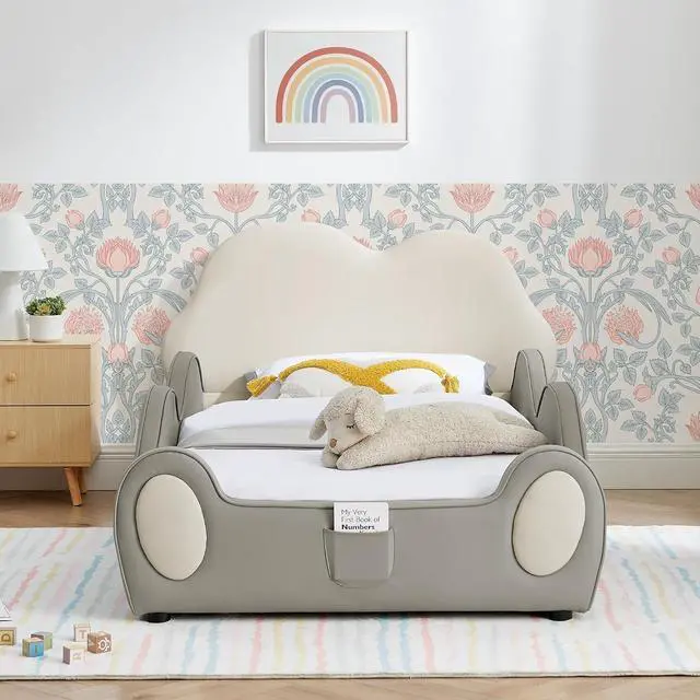 Alt view image 4 of 7 - Twin Size Floor Bed with Cute Cloud Shape, PU Leather Upholstered Platform Bed with Guardrails, Single Bedframe with Cartoon Design Safety Rail and Storage Pocket, Purple&Pink