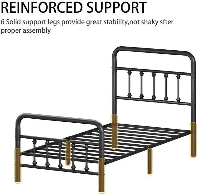 Alt view image 4 of 7 - Twin Size Metal Bed Frame,Platform Bedframe with Headboard and Footboard, Single Bed with Large Under Bed Storage, Strong Metal Slats, No Box Spring Needed, Black
