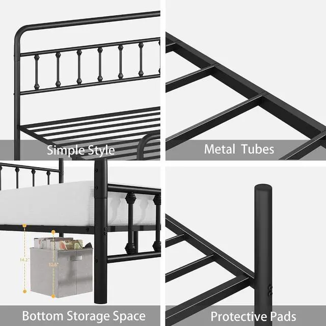 Alt view image 5 of 7 - Twin Size Metal Bed Frame,Platform Bedframe with Headboard and Footboard, Single Bed with Large Under Bed Storage, Strong Metal Slats, No Box Spring Needed, Black