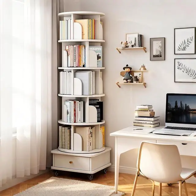 Main image of 6 Tier Wood Bookshelf, 360° Rotating Display Shelf, Round Spinning Bookcase with Drawer and Wheels,Space-Saving Book Shelves Tower for Bedroom, Living Room, Small Space, Office, Oak