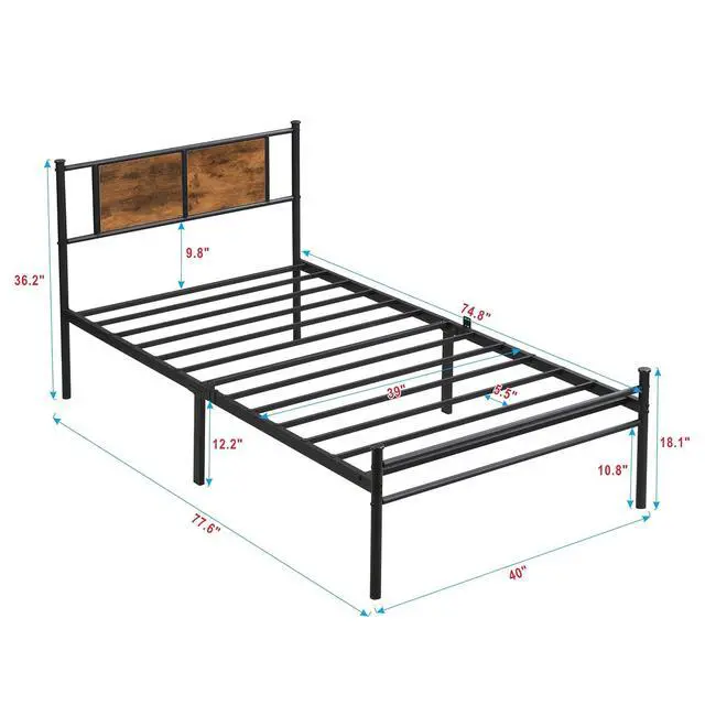 Alt view image 2 of 7 - Metal Platform Bedframe, Twin Size Bed Frame with Wood Panel Headboard, Single Bed with Solid Metal Slats Support, Noise-Free,Strong Bearing Capacity, Black