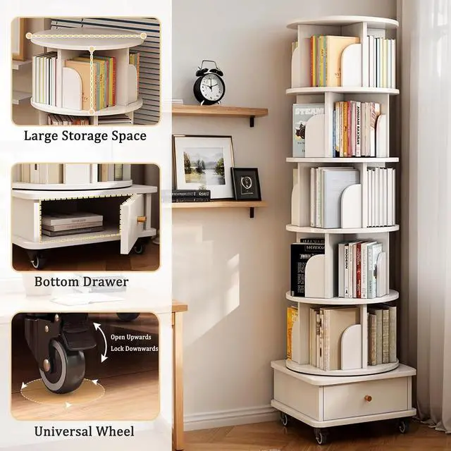 Alt view image 3 of 7 - 6 Tier Wood Bookshelf, 360° Rotating Display Shelf, Round Spinning Bookcase with Drawer and Wheels,Space-Saving Book Shelves Tower for Bedroom, Living Room, Small Space, Office, Oak