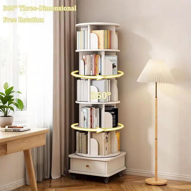 Alt view image 4 of 7 - 6 Tier Wood Bookshelf, 360° Rotating Display Shelf, Round Spinning Bookcase with Drawer and Wheels,Space-Saving Book Shelves Tower for Bedroom, Living Room, Small Space, Office, Oak
