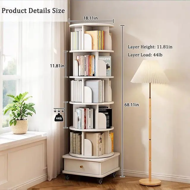 Alt view image 2 of 7 - 6 Tier Wood Bookshelf, 360° Rotating Display Shelf, Round Spinning Bookcase with Drawer and Wheels,Space-Saving Book Shelves Tower for Bedroom, Living Room, Small Space, Office, Oak