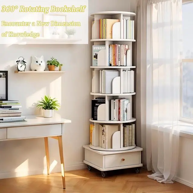 Alt view image 5 of 7 - 6 Tier Wood Bookshelf, 360° Rotating Display Shelf, Round Spinning Bookcase with Drawer and Wheels,Space-Saving Book Shelves Tower for Bedroom, Living Room, Small Space, Office, Oak