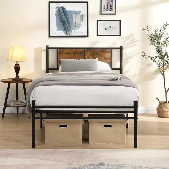 Alt view image 4 of 7 - Metal Platform Bedframe, Twin Size Bed Frame with Wood Panel Headboard, Single Bed with Solid Metal Slats Support, Noise-Free,Strong Bearing Capacity, Black