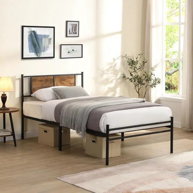 Alt view image 3 of 7 - Metal Platform Bedframe, Twin Size Bed Frame with Wood Panel Headboard, Single Bed with Solid Metal Slats Support, Noise-Free,Strong Bearing Capacity, Black