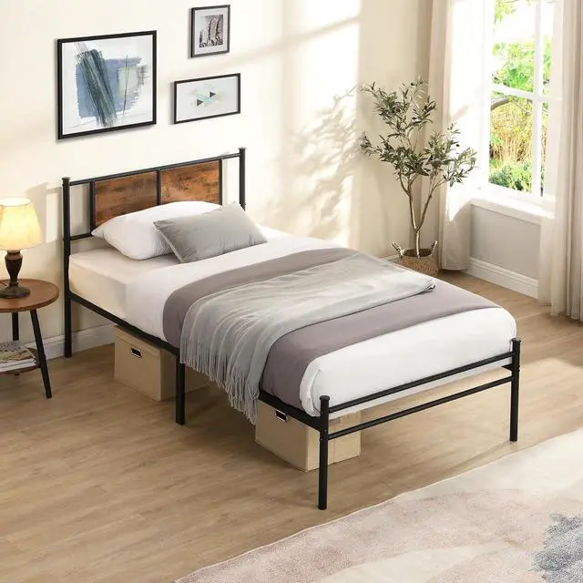Main image of Metal Platform Bedframe, Twin Size Bed Frame with Wood Panel Headboard, Single Bed with Solid Metal Slats Support, Noise-Free,Strong Bearing Capacity, Black