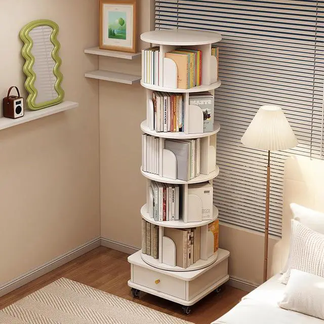 Alt view image 6 of 7 - 6 Tier Wood Bookshelf, 360° Rotating Display Shelf, Round Spinning Bookcase with Drawer and Wheels,Space-Saving Book Shelves Tower for Bedroom, Living Room, Small Space, Office, Oak
