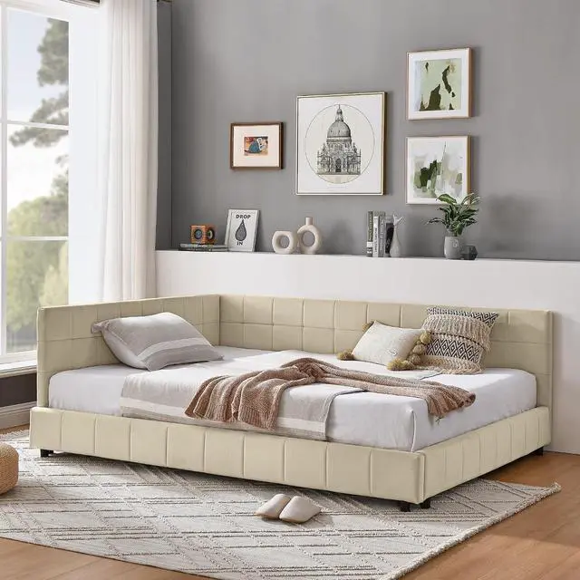 Alt view image 3 of 7 - Full Size Upholstered Daybed with High Headboard, Soft Velvet Upholstered Day Bed Frame with Comfortable Left Armrests, L Shaped Tufted Corner Sofa Bed for Bedroom, Living Room, Beige