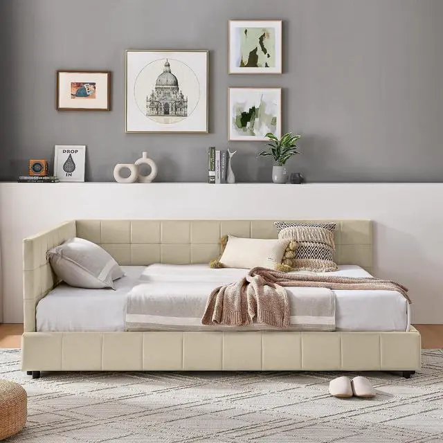 Alt view image 4 of 7 - Full Size Upholstered Daybed with High Headboard, Soft Velvet Upholstered Day Bed Frame with Comfortable Left Armrests, L Shaped Tufted Corner Sofa Bed for Bedroom, Living Room, Beige