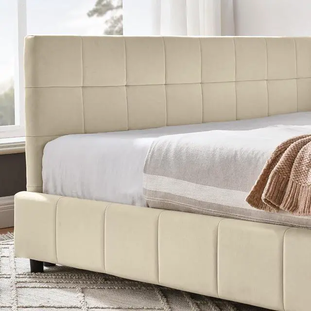 Alt view image 6 of 7 - Full Size Upholstered Daybed with High Headboard, Soft Velvet Upholstered Day Bed Frame with Comfortable Left Armrests, L Shaped Tufted Corner Sofa Bed for Bedroom, Living Room, Beige