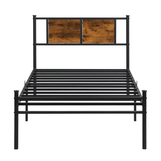 Alt view image 7 of 7 - Metal Platform Bedframe, Twin Size Bed Frame with Wood Panel Headboard, Single Bed with Solid Metal Slats Support, Noise-Free,Strong Bearing Capacity, Black