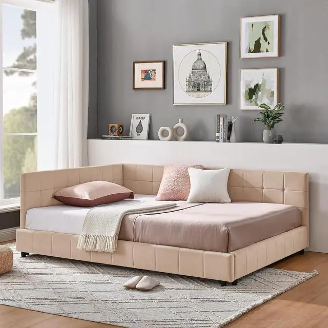 Alt view image 3 of 7 - Full Size Upholstered Daybed with High Headboard, Soft Velvet Upholstered Day Bed Frame with Comfortable Left Armrests, L Shaped Tufted Corner Sofa Bed for Bedroom, Living Room, Pink