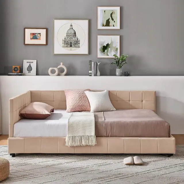 Alt view image 4 of 7 - Full Size Upholstered Daybed with High Headboard, Soft Velvet Upholstered Day Bed Frame with Comfortable Left Armrests, L Shaped Tufted Corner Sofa Bed for Bedroom, Living Room, Pink