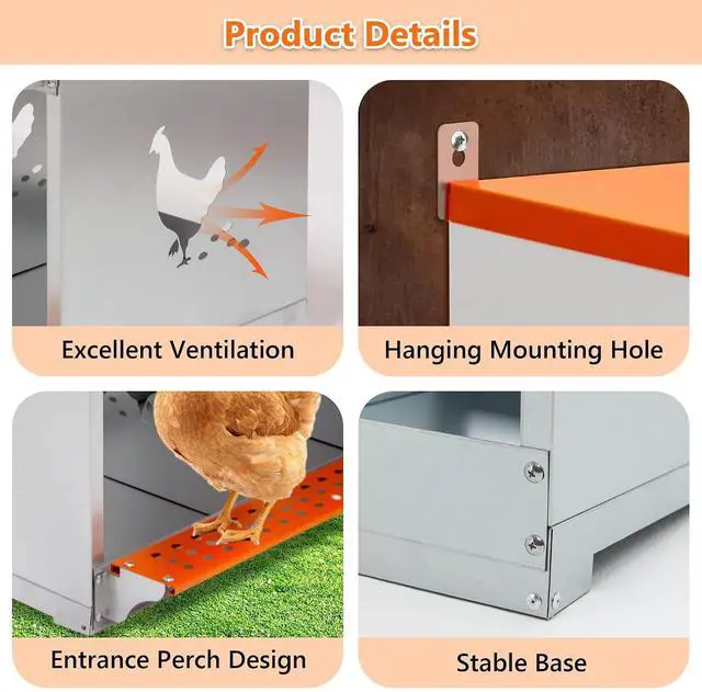 Alt view image 3 of 7 - Chicken Nesting Boxes, 3 Compartments Wall Mount Chicken Laying Boxes for Hens/Ducks, Metal Nest Box, Easy Egg Collection & Assembly, Large Vented Galvanized Steel Chicken Coop Equipment, Orange
