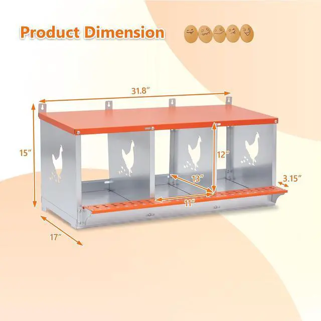 Alt view image 4 of 7 - Chicken Nesting Boxes, 3 Compartments Wall Mount Chicken Laying Boxes for Hens/Ducks, Metal Nest Box, Easy Egg Collection & Assembly, Large Vented Galvanized Steel Chicken Coop Equipment, Orange