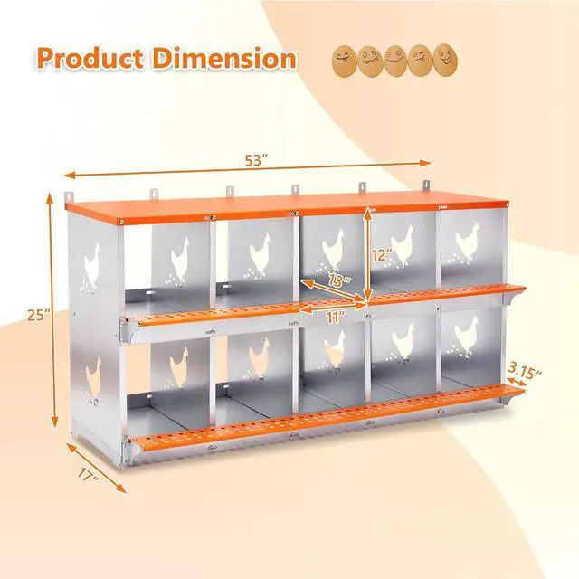 Alt view image 2 of 7 - Chicken Nesting Boxes, 10 Compartments Wall Mount Chicken Laying Boxes for Hens/Ducks, Metal Nest Box, Easy Egg Collection & Assembly, Large Vented Galvanized Steel Chicken Coop Equipment, Orange