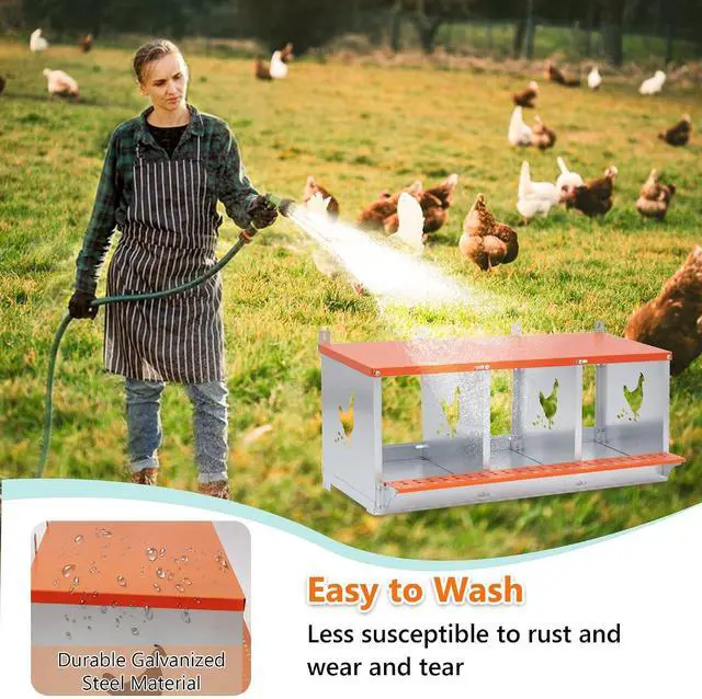 Alt view image 7 of 7 - Chicken Nesting Boxes, 3 Compartments Wall Mount Chicken Laying Boxes for Hens/Ducks, Metal Nest Box, Easy Egg Collection & Assembly, Large Vented Galvanized Steel Chicken Coop Equipment, Orange