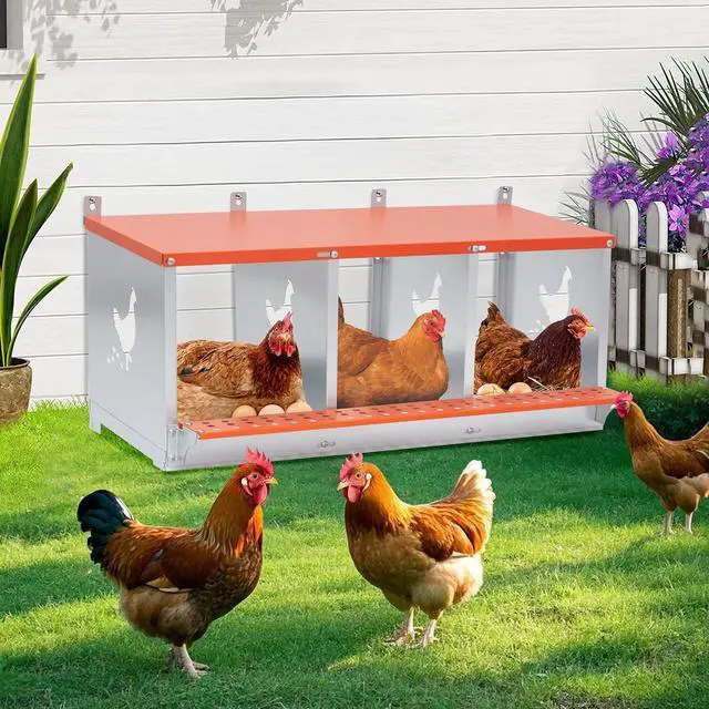 Alt view image 6 of 7 - Chicken Nesting Boxes, 3 Compartments Wall Mount Chicken Laying Boxes for Hens/Ducks, Metal Nest Box, Easy Egg Collection & Assembly, Large Vented Galvanized Steel Chicken Coop Equipment, Orange