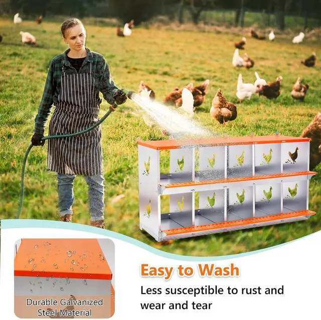 Alt view image 6 of 7 - Chicken Nesting Boxes, 10 Compartments Wall Mount Chicken Laying Boxes for Hens/Ducks, Metal Nest Box, Easy Egg Collection & Assembly, Large Vented Galvanized Steel Chicken Coop Equipment, Orange