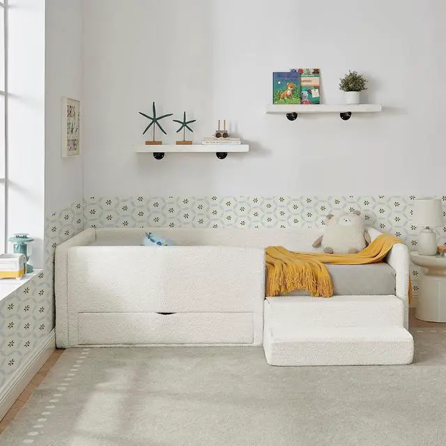 Alt view image 4 of 7 - Twin Size Daybed with Storage Drawer, Cozy Floor Bed with Guardrails, Boucle Upholstered Single Bed with Step Stool, Multi-Functional Corner Boys Girls Bed, Easy Assemble, Beige