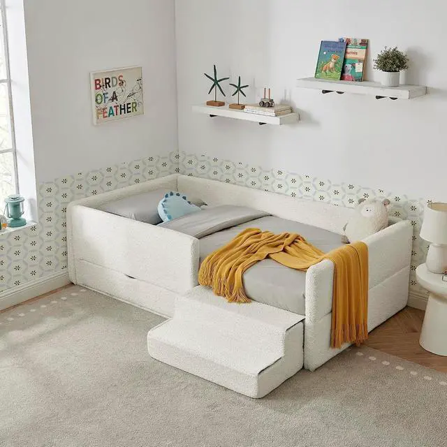 Alt view image 3 of 7 - Twin Size Daybed with Storage Drawer, Cozy Floor Bed with Guardrails, Boucle Upholstered Single Bed with Step Stool, Multi-Functional Corner Boys Girls Bed, Easy Assemble, Beige