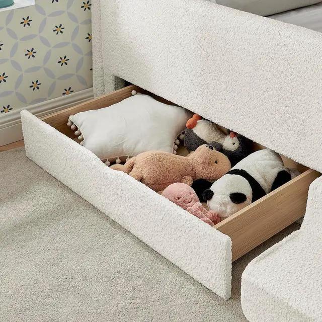 Alt view image 6 of 7 - Twin Size Daybed with Storage Drawer, Cozy Floor Bed with Guardrails, Boucle Upholstered Single Bed with Step Stool, Multi-Functional Corner Boys Girls Bed, Easy Assemble, Beige