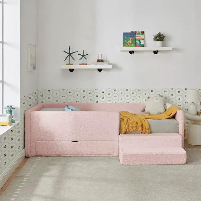 Alt view image 4 of 7 - Twin Size Daybed with Storage Drawer, Cozy Floor Bed with Guardrails, Boucle Upholstered Single Bed with Step Stool, Multi-Functional Corner Boys Girls Bed, Easy Assemble, Pink
