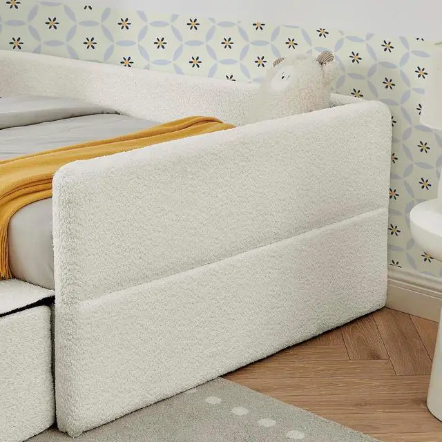 Alt view image 7 of 7 - Twin Size Daybed with Storage Drawer, Cozy Floor Bed with Guardrails, Boucle Upholstered Single Bed with Step Stool, Multi-Functional Corner Boys Girls Bed, Easy Assemble, Beige