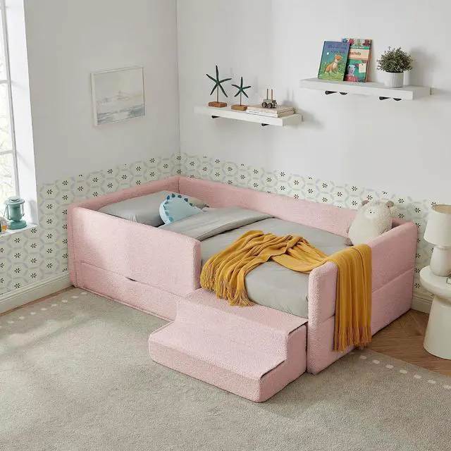 Alt view image 3 of 7 - Twin Size Daybed with Storage Drawer, Cozy Floor Bed with Guardrails, Boucle Upholstered Single Bed with Step Stool, Multi-Functional Corner Boys Girls Bed, Easy Assemble, Pink