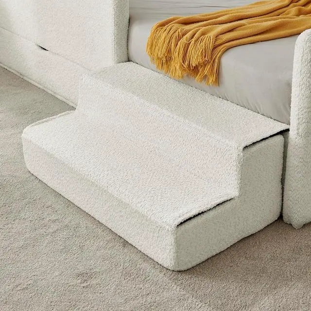Alt view image 5 of 7 - Twin Size Daybed with Storage Drawer, Cozy Floor Bed with Guardrails, Boucle Upholstered Single Bed with Step Stool, Multi-Functional Corner Boys Girls Bed, Easy Assemble, Beige