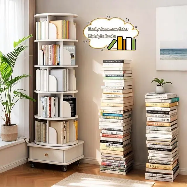Alt view image 7 of 7 - 6 Tier Wood Bookshelf, 360° Rotating Display Shelf, Round Spinning Bookcase with Drawer and Wheels,Space-Saving Book Shelves Tower for Bedroom, Living Room, Small Space, Office, Oak