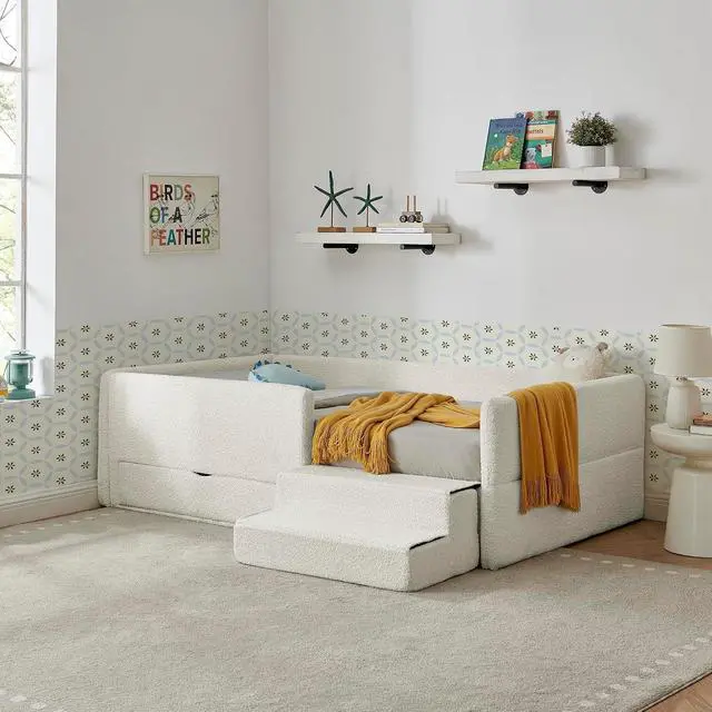 Alt view image 2 of 7 - Twin Size Daybed with Storage Drawer, Cozy Floor Bed with Guardrails, Boucle Upholstered Single Bed with Step Stool, Multi-Functional Corner Boys Girls Bed, Easy Assemble, Beige