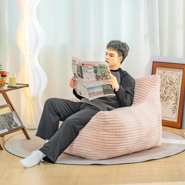 Alt view image 4 of 5 - Giant Bean Bag Chair for Adults with Armrests, Comfy Large Beanbag Lounge, Corduroy Floor Lazy Sofa, Fluffy Cloud Reading Chair, Bean Bag Couch for Gaming Room, Living Room, Bedroom & Dorm, Pink